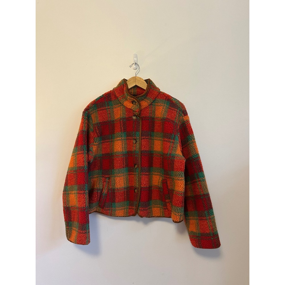 Cider Plaid Sherpa Fleece Jacket in Red, Orange, and Green | Size XL